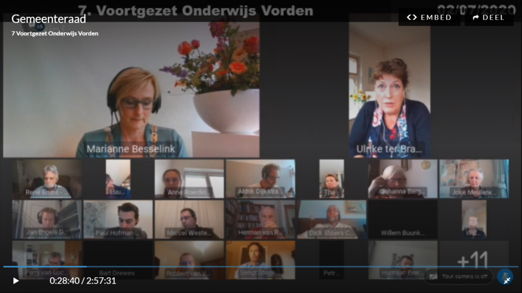 Ultrike ter Braak tijdens de digitale raadsvergadering op 2 juli over VO Vorden